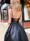 Simple Black Satin Prom Dresses V Neck Spaghetti Straps Long Evening Gowns
