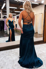 Cheap Satin V-Neck Mermaid Long 2024 Prom Formal Dress Lace-Up Back