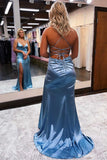 Cheap Satin V-Neck Mermaid Long Prom Formal Dress Lace-Up Back