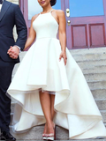 Hi Low Satin Short Wedding Dresses Sleeveless Asymmetry Halter Garden Gown