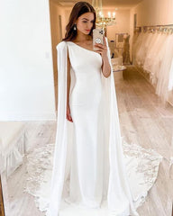 One Shoulder Long White Satin Wedding Dresses with Cape