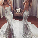 Backless V-Neck Mermaid Silver Sequin Prom Dresses Long