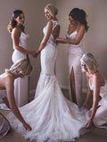 Cheap Ivory Bridesmaid Dresses Floor-Length Sequin Slit Sleeveless