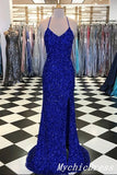 2024 Glitter Sequin Iridescent Royal Blue Prom Dresses Long with Split