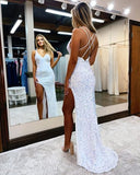 Hot White Iridescent Sequin Prom Dresses with Split V Neck Sparkly Evening Gowns