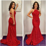 Red Prom Dresses Sequin Halter Long Sleeveless Mermaid Evening Dress