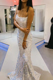 Floor Length White Sequin Prom Dresses Iridescent Mermaid Long Evening Dresses Backless