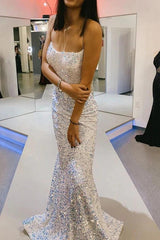 Floor Length White Iridescent Sequin Prom Dresses 2024 Long Evening Dresses Backless