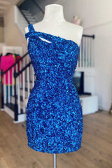 Unique One-Shoulder Keyhole Blue Sequins Homecoming Dresses Mini Hoco Dress