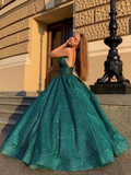 Hot Green Sequin Prom Dresses A Line Long Evening Gormal Gowns