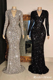 Cheap Sparkly V Neck Long Sleeves Prom Dresses Mermaid Evening Gowns