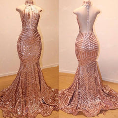 Gorgeous Halter Long Mermaid Champagne Gold Sequin Prom Dresses