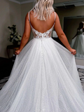 Shiny White Sequin Prom Dresses V Neck Long Spaghetti Straps Evening Dress
