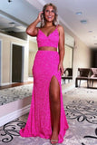 Long Sexy 2 Piece Sequin Prom Dresses Mermaid Evening Gown with Split