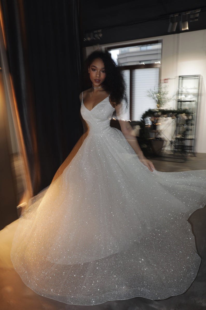 White Mermaid Sparkles Long Prom Dress With Side Slit,Sparkly Open Bac –  cherishgirls