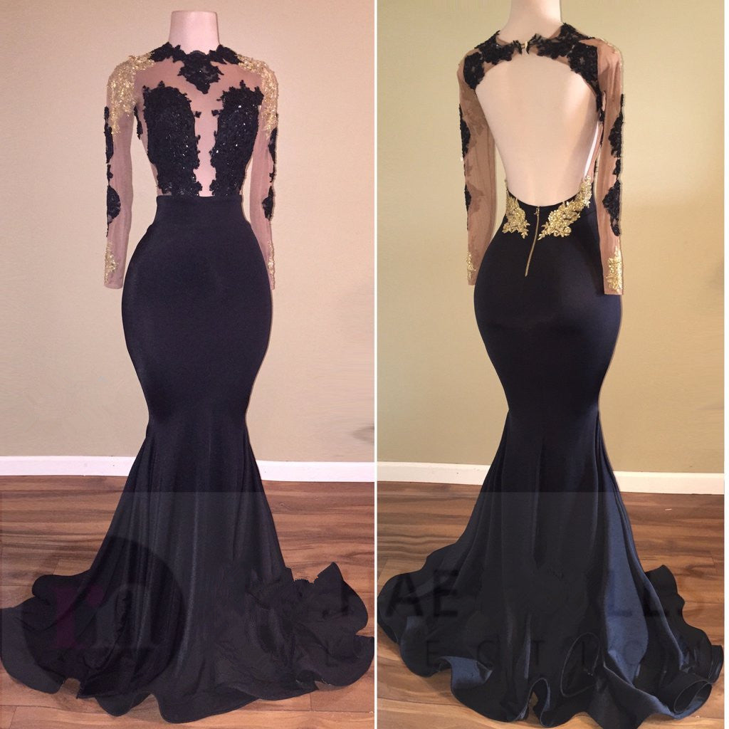Black Gold Long Sleeves Prom Dresses