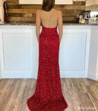 Sexy Deep V Neck Red Sequins Prom Dresses Long Evening Gown with Slit