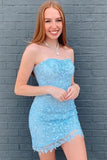 Sexy Short Strapless Tight Lace Homecoming Dresses Blue