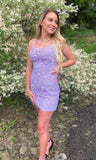 Short Lilac Homecoming Dress Lace Tight Hoco Dress Spaghetti Straps