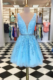 Short Blue Homecoming Dresses Lace Beaded V Neck A Line Cocktail Dress