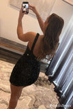 Short Black Homecoming Dresses Sequin Sleeveless One Shoulder Cocktail Dress