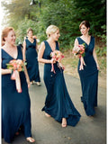 Sheath Cheap Long V Neck Ink Blue Bridesmaid Dresses