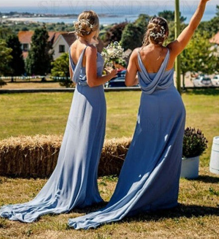 Light Blue Satin Sheath Halter Bridesmaid Dresses MBD164 | Musebridals