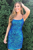 Sparkle Navy Sequins Mini Homecoming Dresses Lace Up Back
