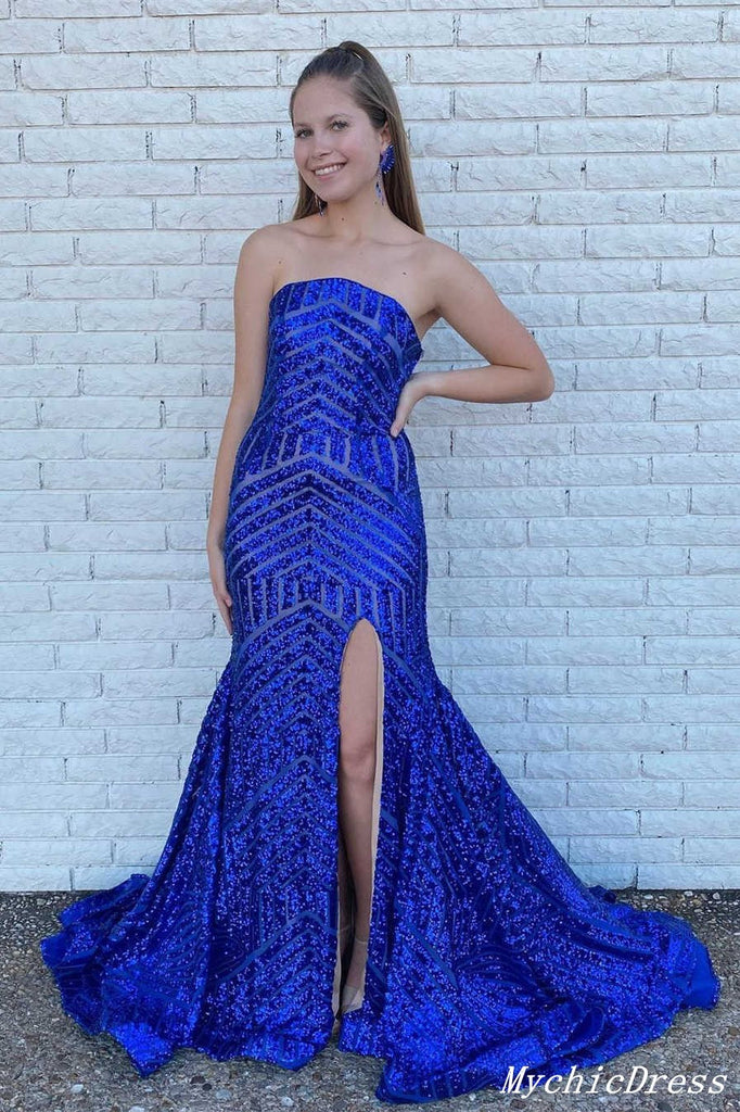 Strapless Royal Blue Prom Dresses Sequin 2024 Long Evening Gowns with ...