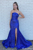 Strapless Royal Blue Prom Dresses Sequin 2023 Long Evening Gowns with Split