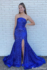 Strapless Royal Blue Prom Dresses Sequin 2024 Long Evening Gowns with Split