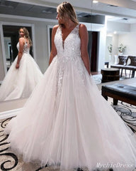 A Line V Neck Sleeveless Lace Sequin Wedding Dresses Beach Bridal Wear