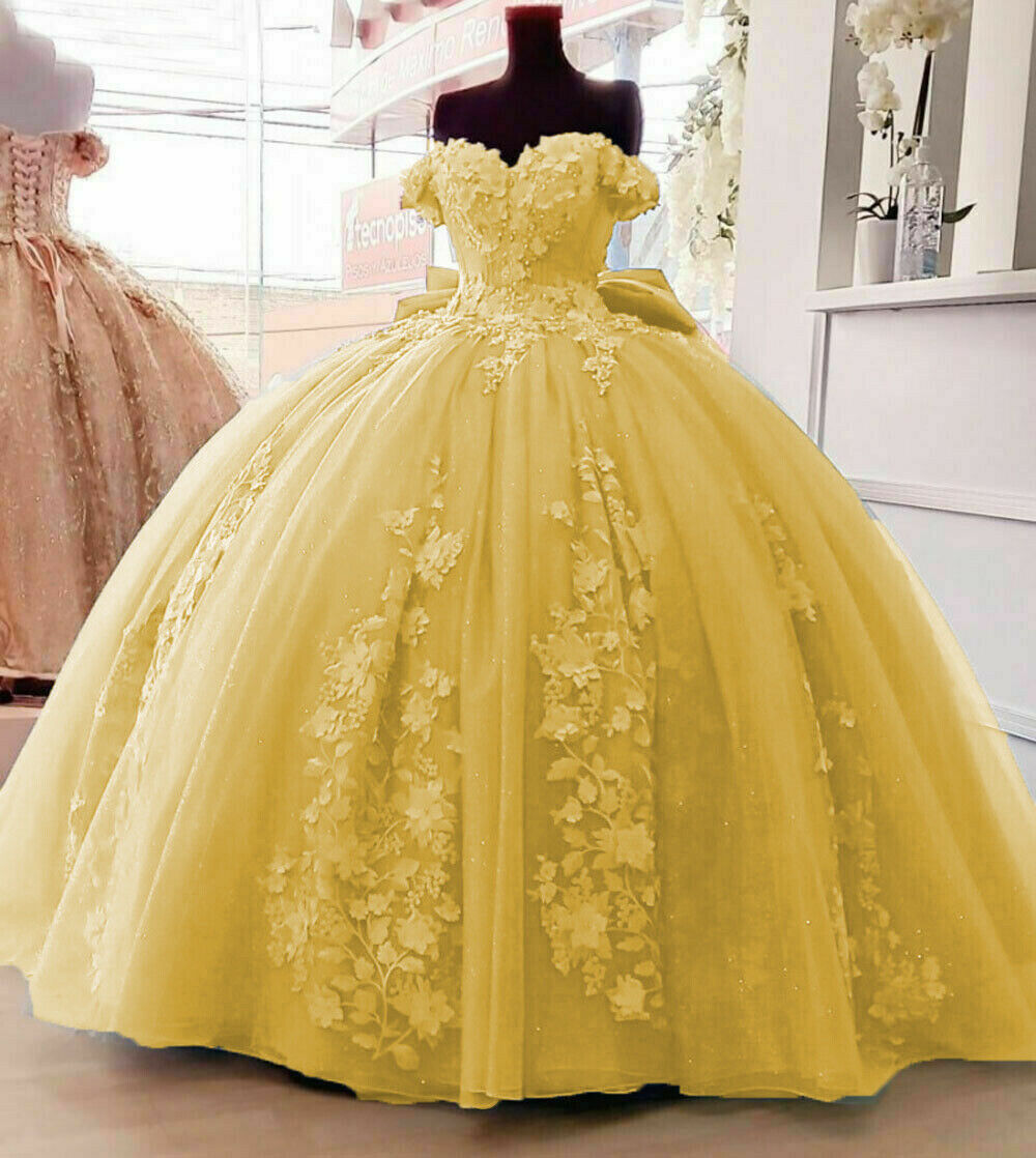 yellow Quinceanera Dresses 3D Floral