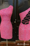 Short Pink Sequin Homecoming Dresses One Shoulder Tight Cocktail Dress