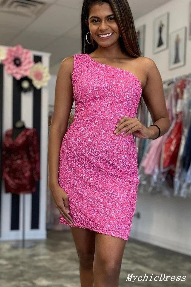One Shoulder Pink Sequin Homecoming Dresses