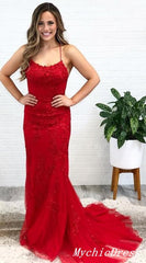 2024 Red Lace Prom Dresses Long Spaghetti Straps Cross Back