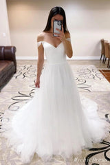 Simple White Tulle Wedding Dresses Beach Off the Shoulder Bridal Gown
