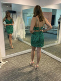 Green Two Piece Sequin Prom Dresses Short Homecoming Dresses