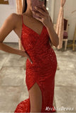 Red Long Sequin Prom Dress V Neck Mermaid Evening Dresses UK Sleeveless