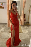 Red Long Sequin Prom Dress V Neck Mermaid Evening Dresses UK Sleeveless