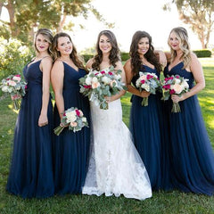 Floor-Length Tulle Navy Blue Bridesmaid Dresses V Neck Dress
