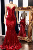 Long Sequin Red Prom Dresses Mermaid Sleeveless Evening Gown