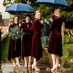 Long Sleeves Wine Burgundy Velvet Bridesmaid Dresses Short High Neck