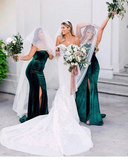 Sweetheart Emerald Green Velvet Bridesmaid Dresses High Thigh Slit