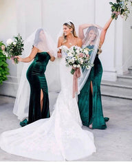 Sweetheart Emerald Green Velvet Bridesmaid Dresses High Thigh Slit