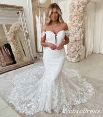 Vintage Lace White Wedding Dresses Embroidery Off the Shoulder Bridal Gown