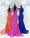 2024 Long Sequin Prom Dresses UK V Neck Mermaid Evening Gowns