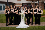 Long Black Velvet Bridesmaid Dresses Winter V Neck Spaghetti Strap