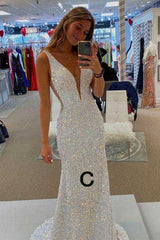 2024 Mermaid White Iridescent Prom Dress Sequin Sparkly Evening Gown Backless
