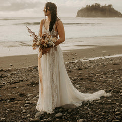 Simple Bohemian Wedding Dresses Lace V Neck Beach Maxi Dresses